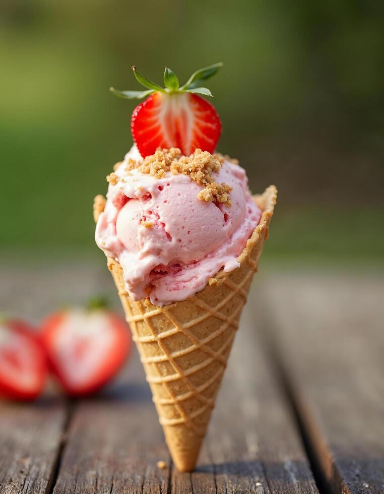 Strawberry Cheesecake Ice Cream in Cone with Graham Cracker Crumbs photo