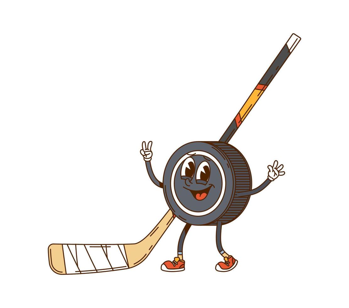 Cartoon retro groovy ice hockey stick and puck vector