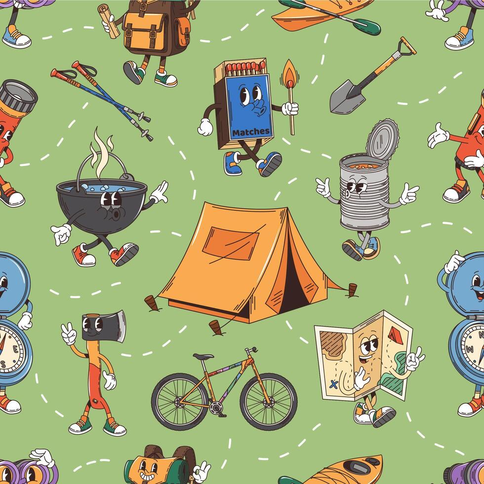 Groovy travel camping characters seamless pattern vector