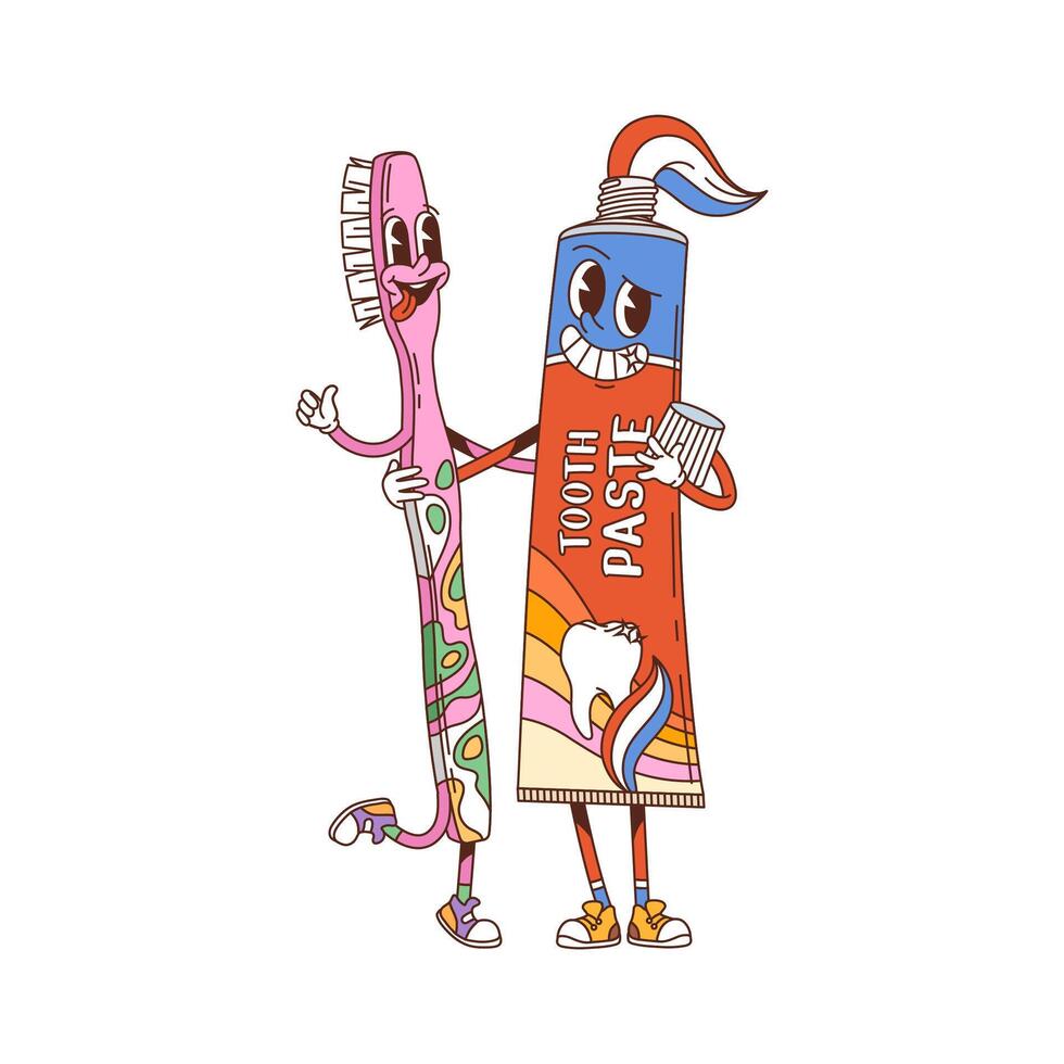 Cartoon groovy toothpaste or toothbrush characters vector