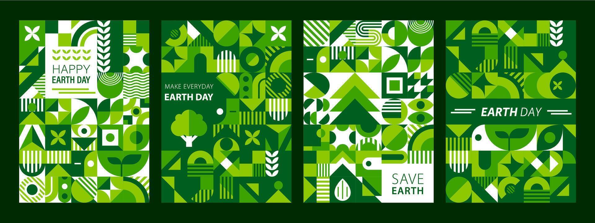 Earth day posters with green geometric shapes vector