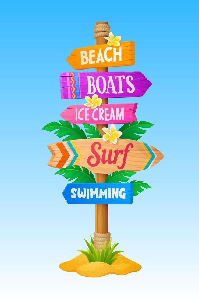 Summer beach vacations wooden sign board signage vector