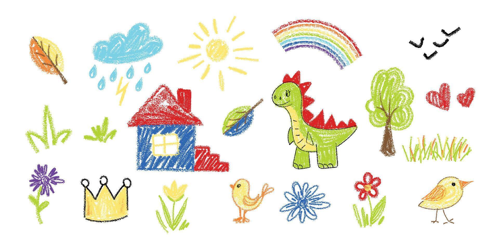 Kid line doodle crayon or chalk hand scribble drawings set. vector