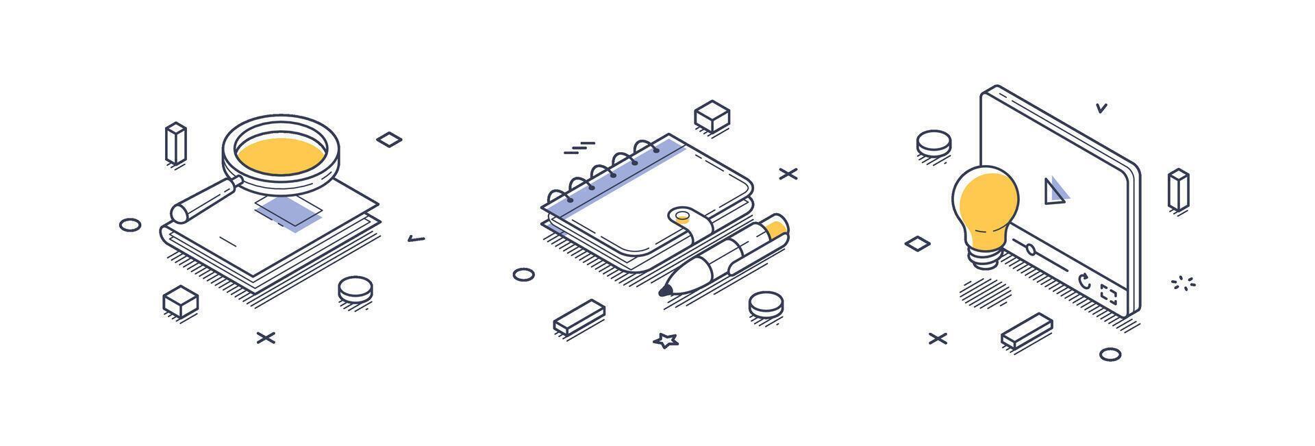 Isometric line icons representing elements of online education and learning tools vector