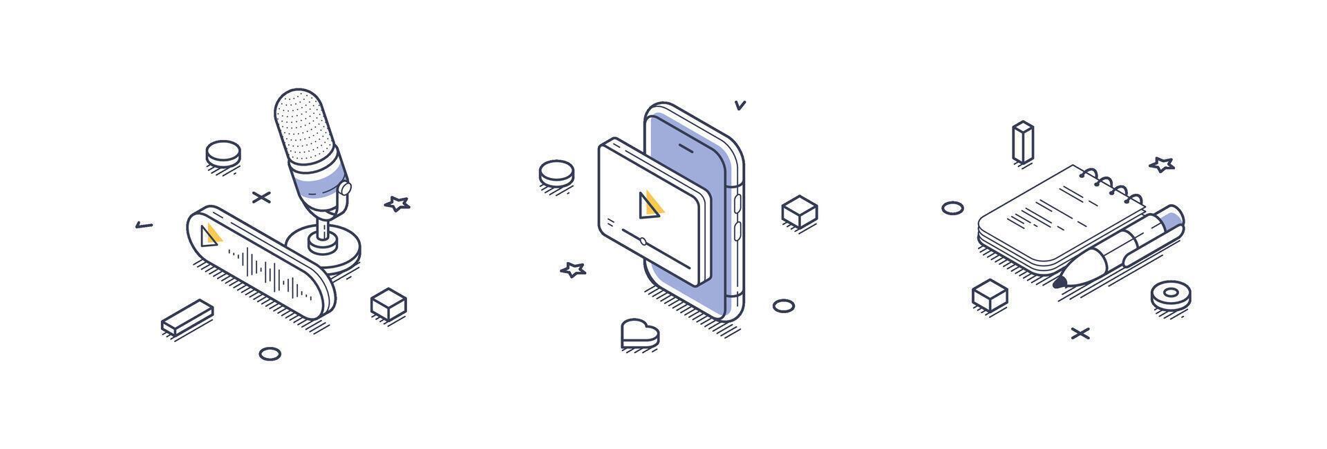 Creative tools for content creation including microphone, smartphone, and notebook vector