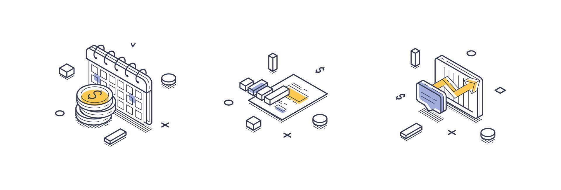 Visual representation of financial report concepts with isometric line icons in modern style vector