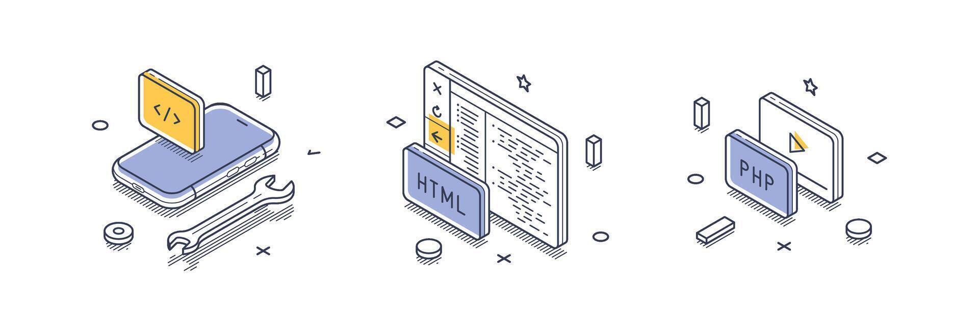 Isometric line icons showing web development elements including coding, HTML, and PHP tools vector