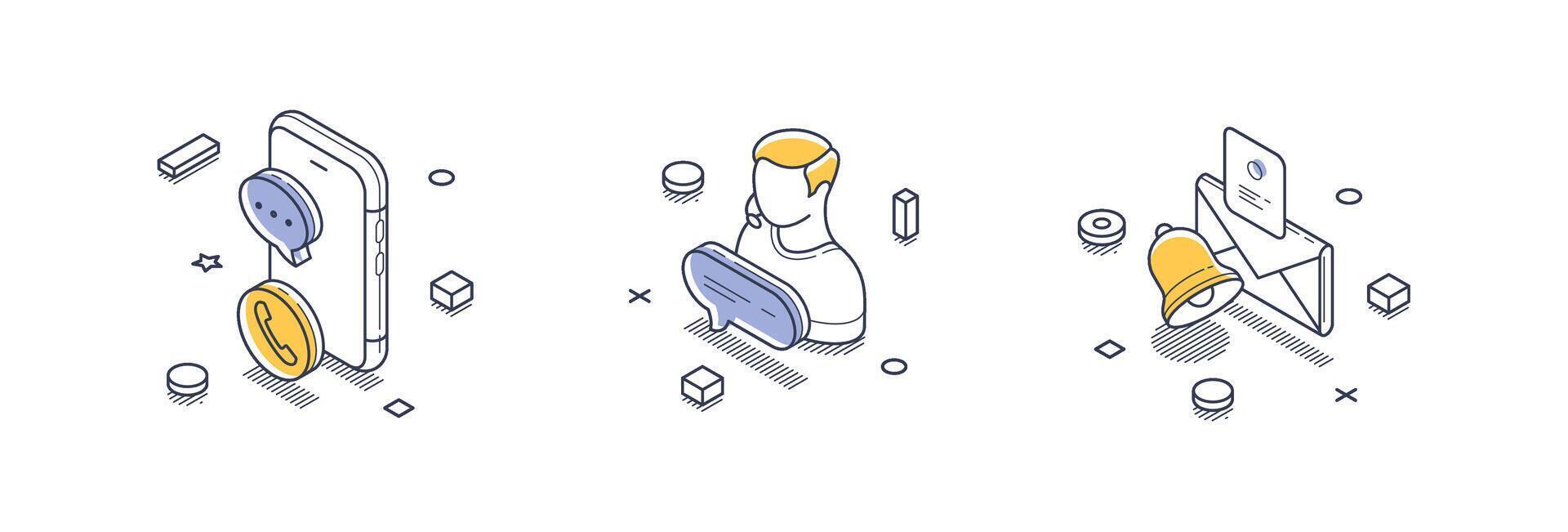 Isometric line icons representing technical support concepts for modern applications vector