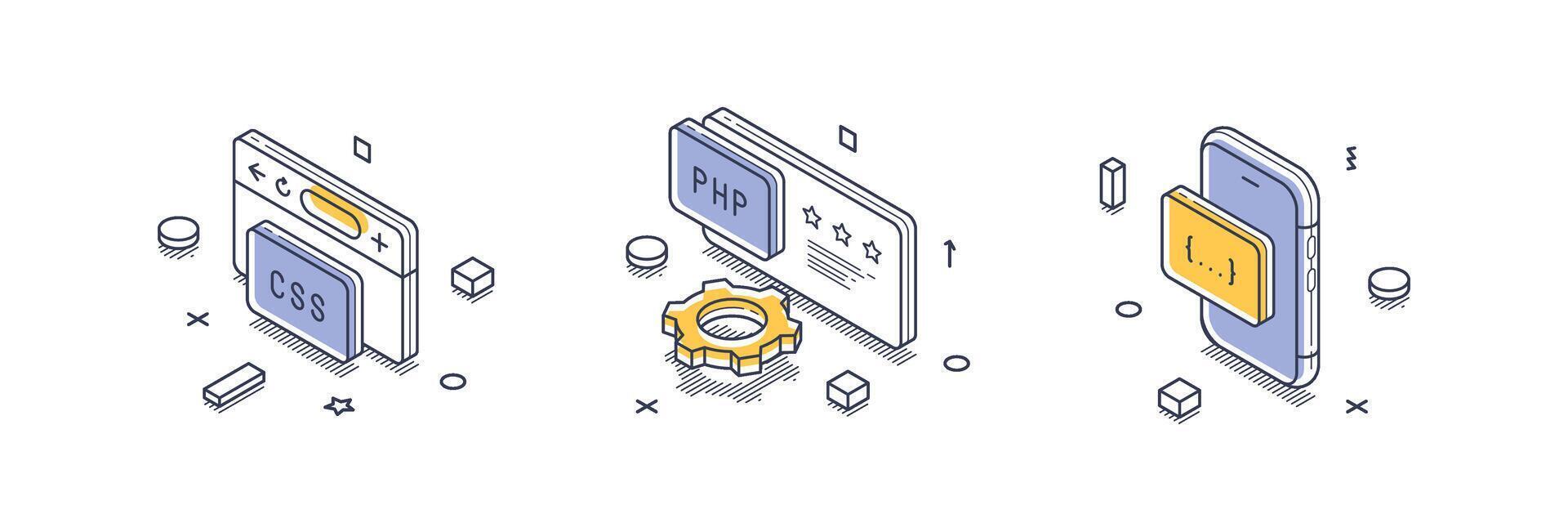 Isometric line icons representing web development concepts in modern design style vector