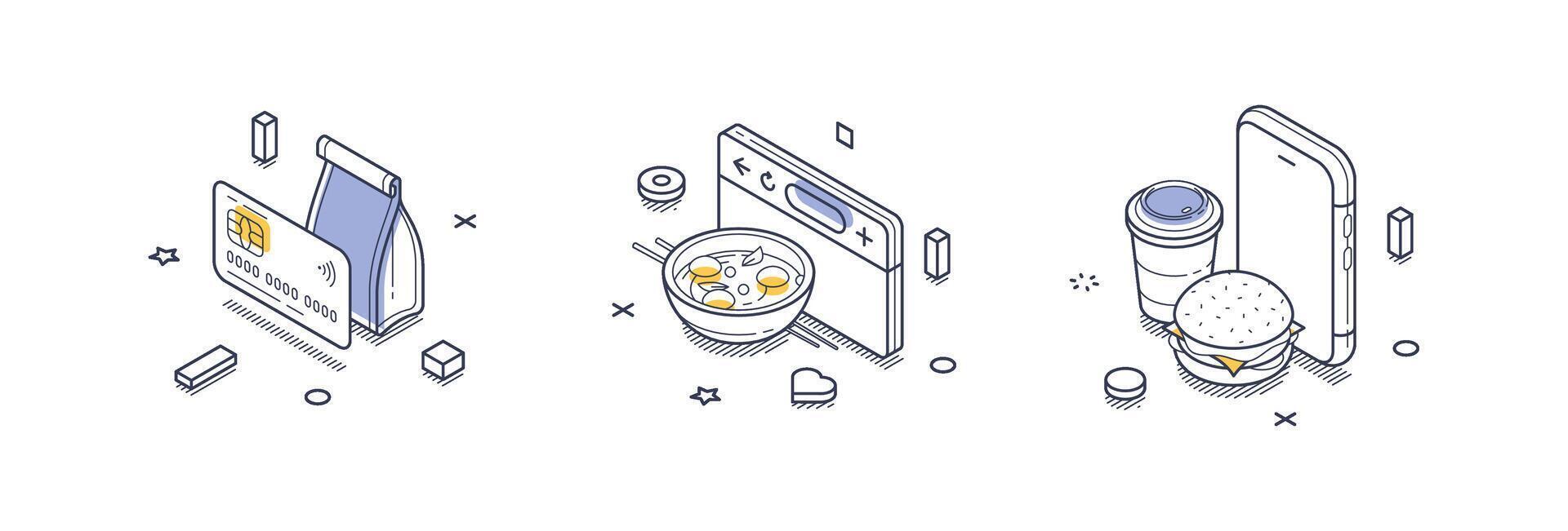 Vertical representation of isometric line icons depicting modern food delivery elements vector