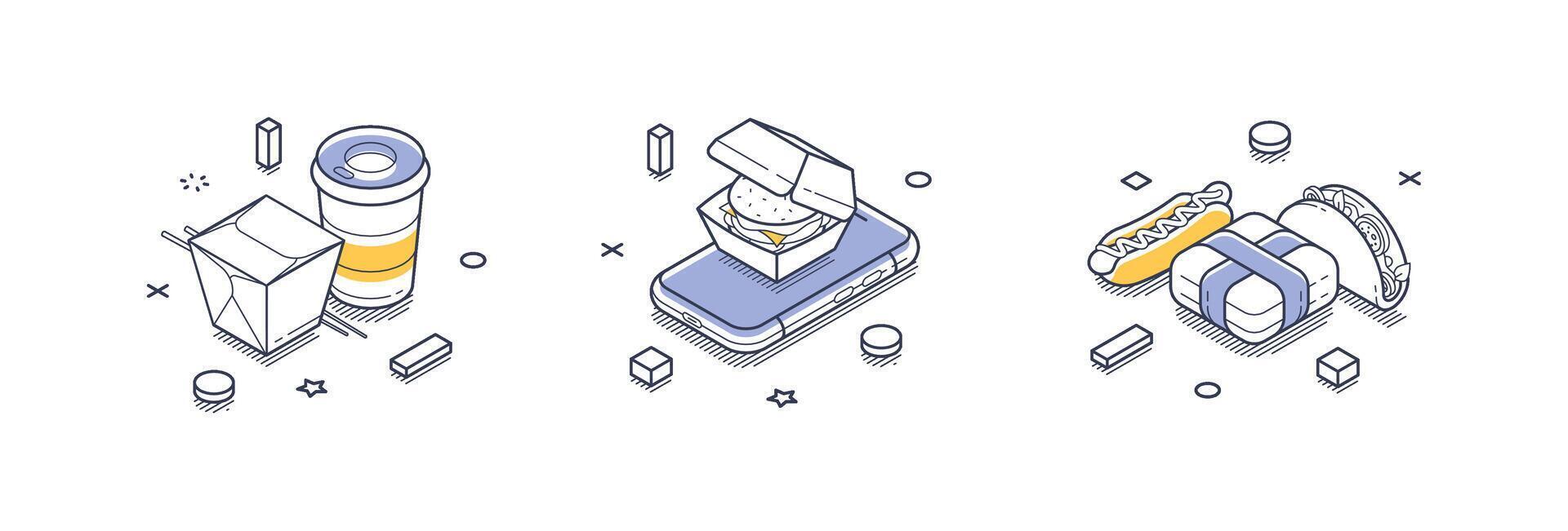 Food delivery icons showcasing takeout drinks, sandwiches, and snacks in a modern design vector
