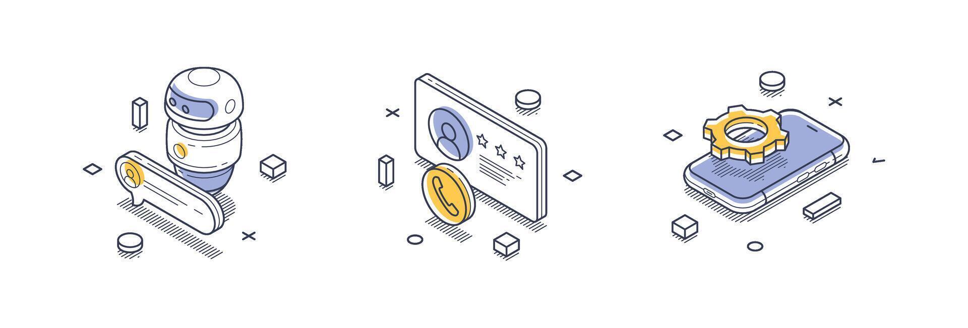 Line icons showcasing technical support and assistance concepts in isometric design style vector