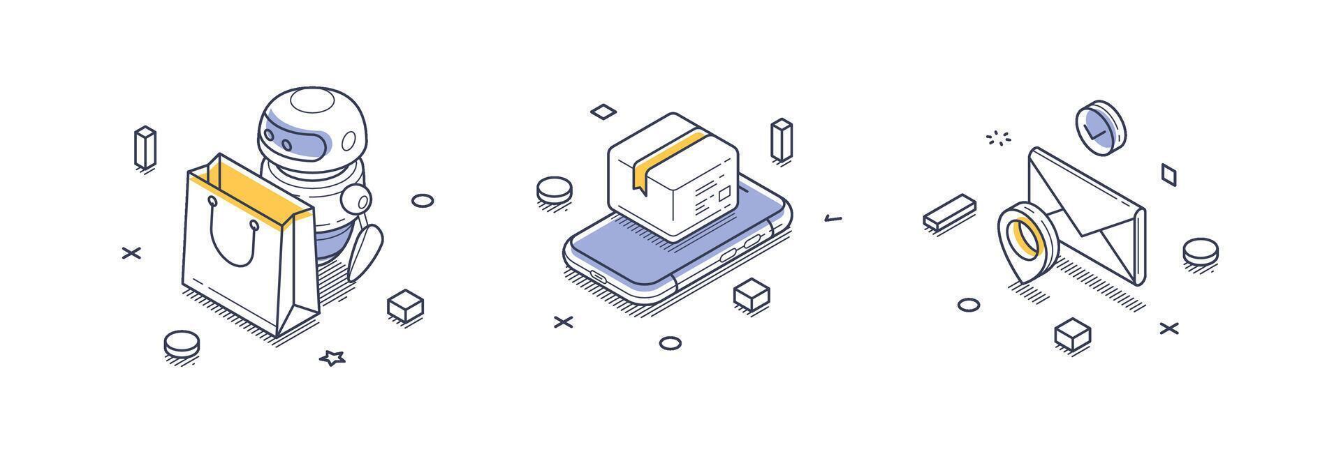 Isometric line icons depicting delivery concepts with a robot, package, and mobile device vector