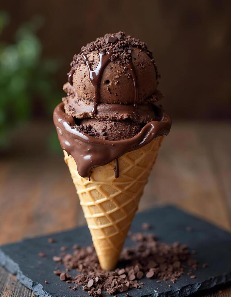 Chocolate-Dipped Cone with Rich Chocolate Sorbet and Chocolate Shavings on Slate Plate photo