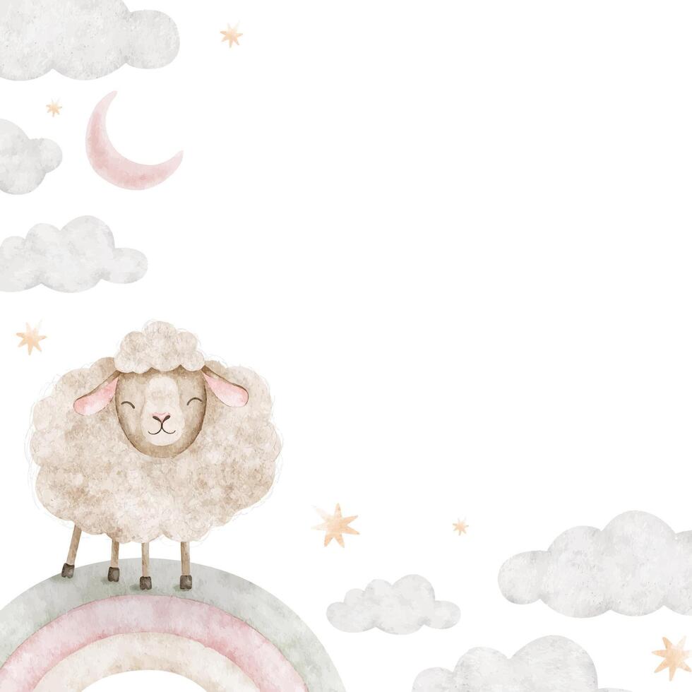 Sheep sleeping on rainbow, pink crescent moon, clouds and stars. Isolated hand drawn Watercolor frame. Template of cute lamb animal for children's room, kid's goods, posters, baby shower cards vector