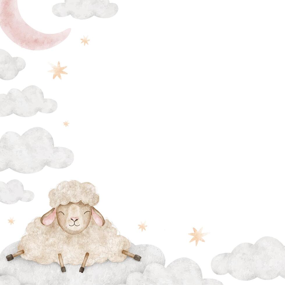 Sheep sleeping on clouds, crescent moon and stars. Isolated hand drawn Watercolor frame. Layout of cute lamb animal for children's room, kid's goods, posters, baby shower cards vector