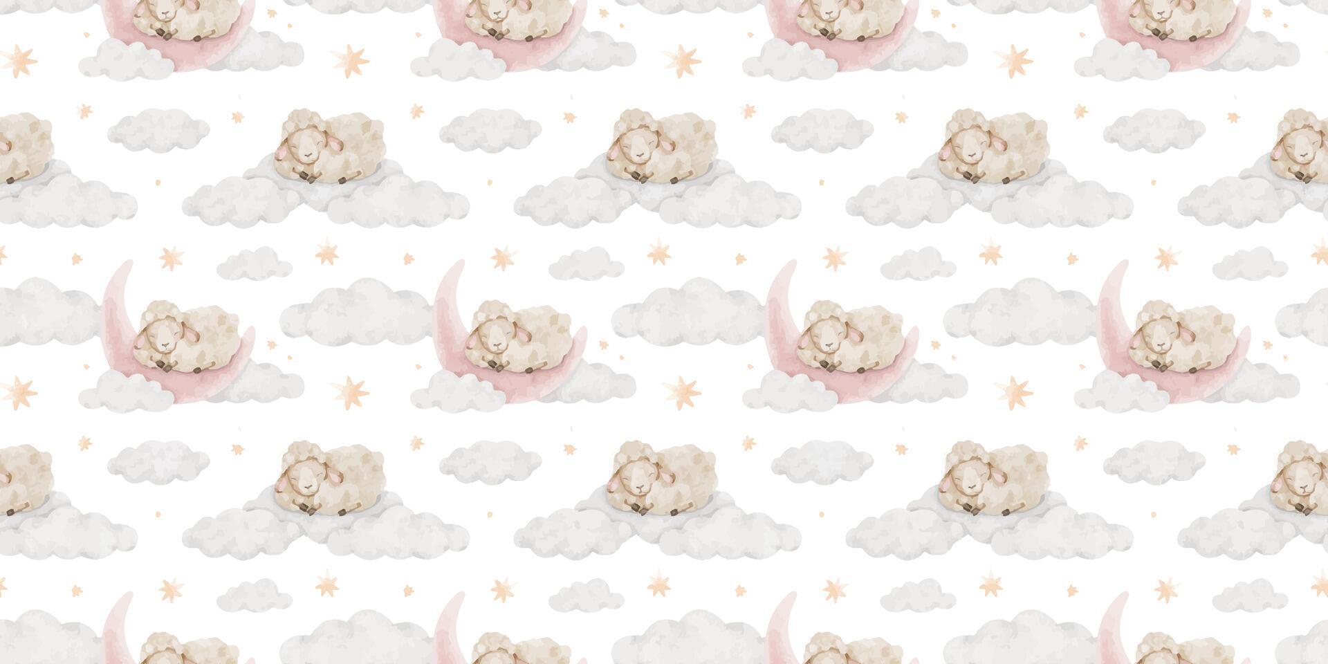 Sheep sleeping on pink crescent moon, clouds and stars. Watercol vector