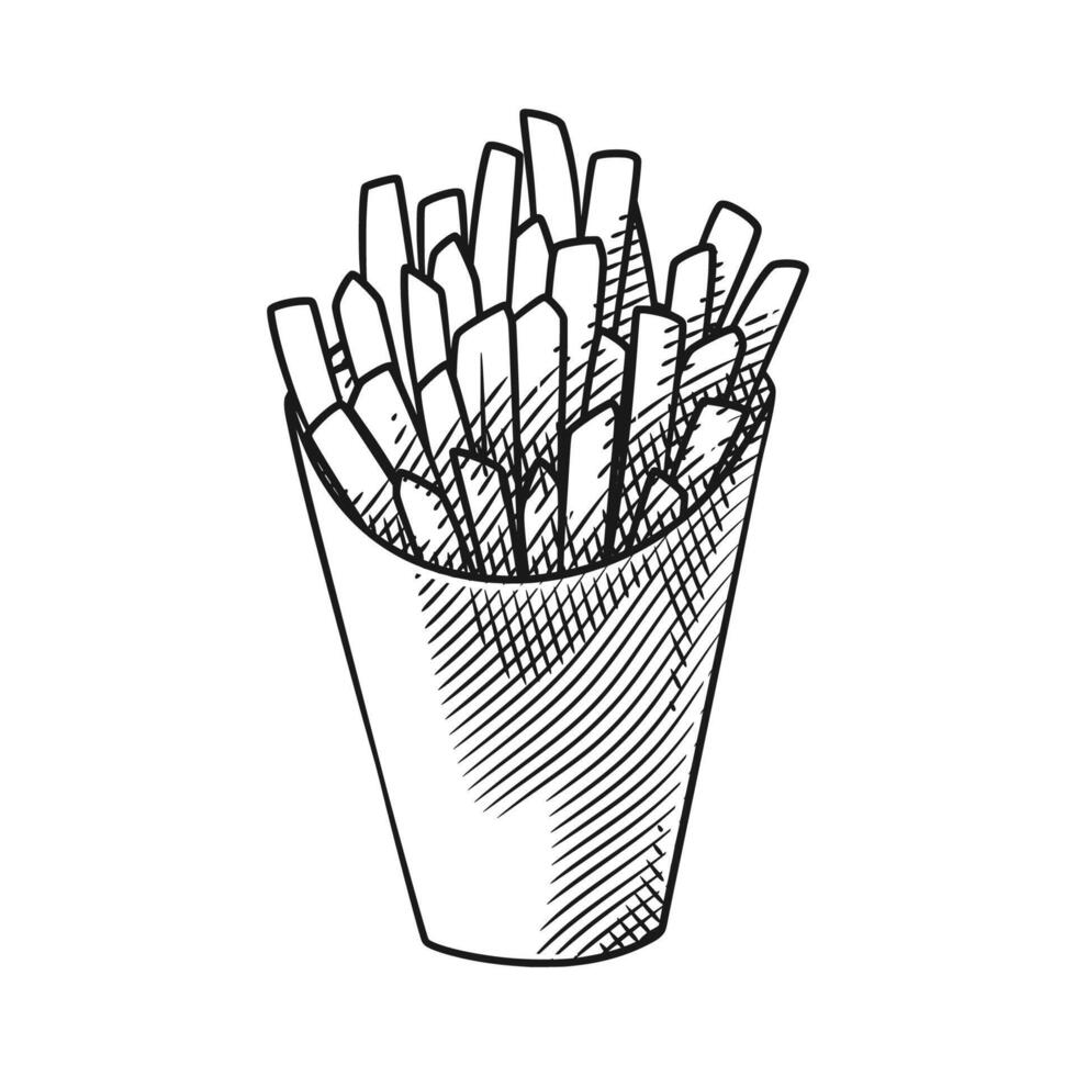 Minimalist French Fries and Paper Packaging Design in Engraving Style vector
