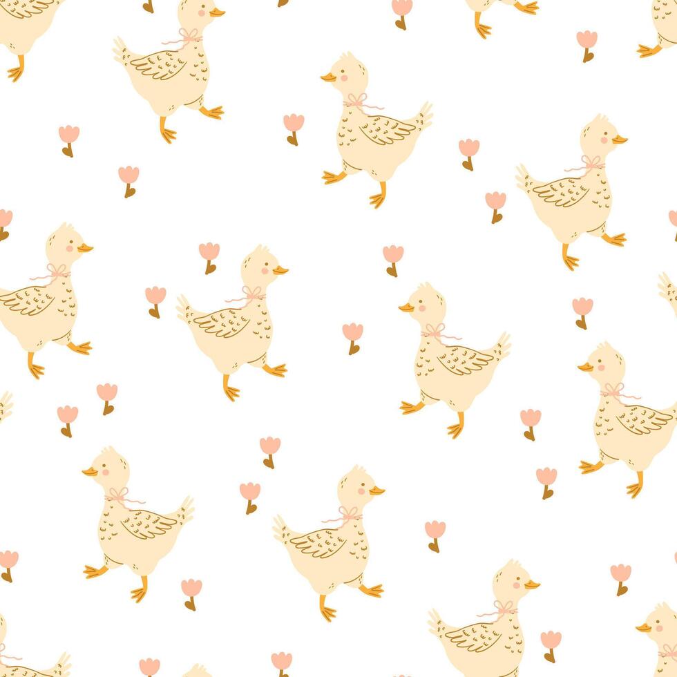 goose duck and tulips seamless pattern for baby clothes, textiles vector