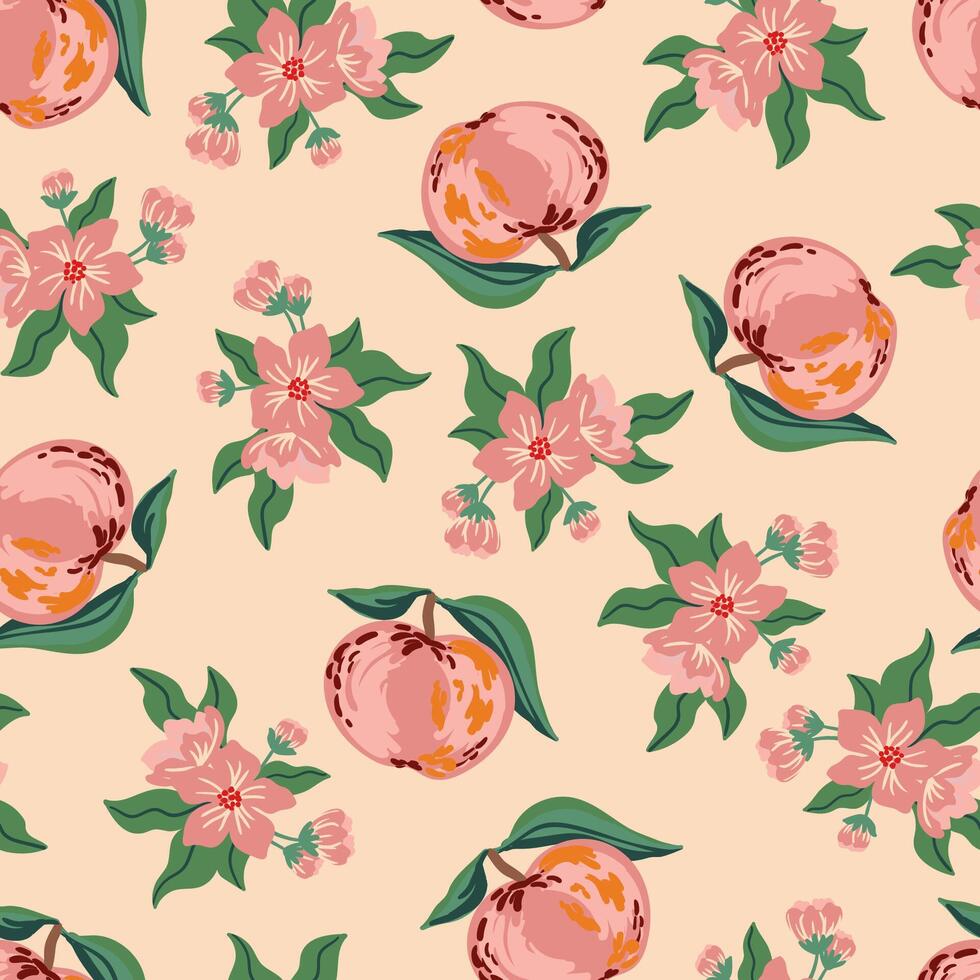 Red apples blossom floral branches seamless pattern. Blooming garden, fabric, wrapping texture vector
