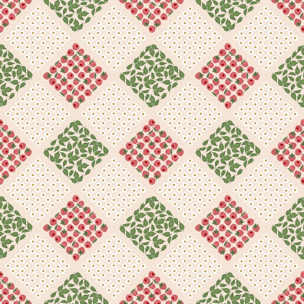 Raspberry berries flowers, checkered seamless pattern. geometric rhombuses berries texture vector