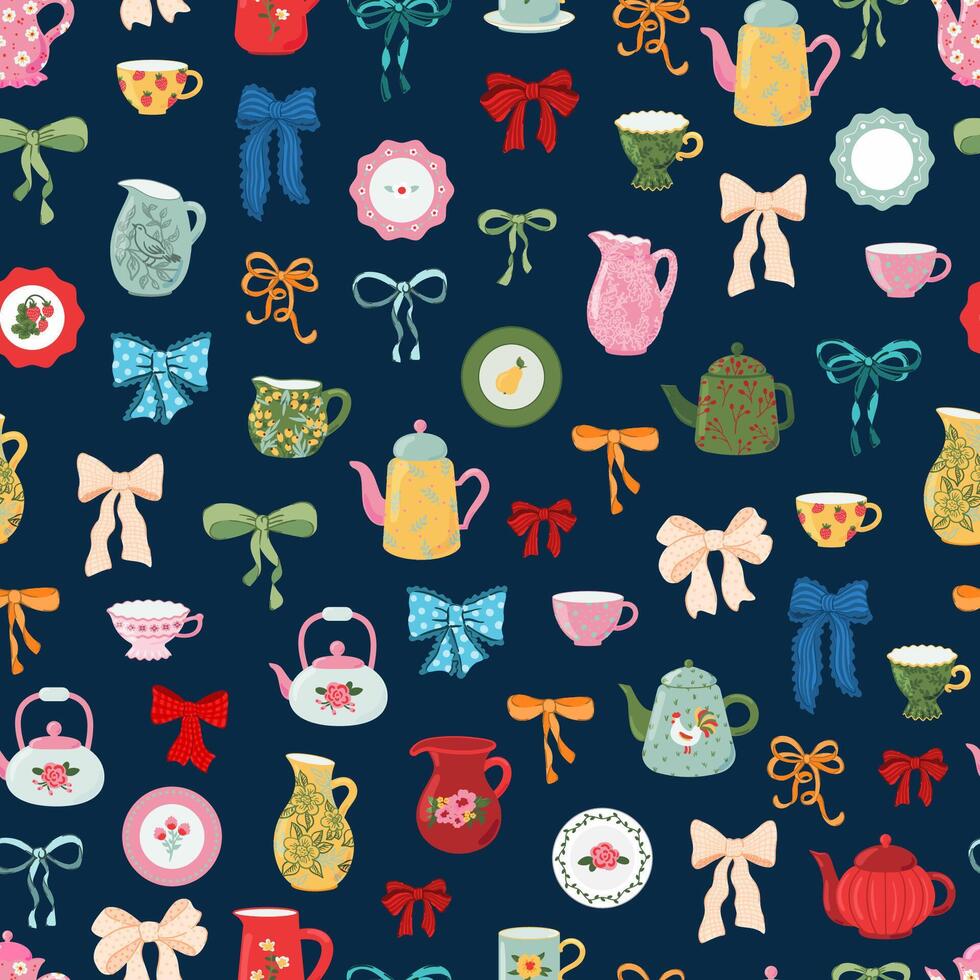 preppy coquette Bows, crockery seamless pattern. plate, jug, cup, mug, teapot kettles texture vector