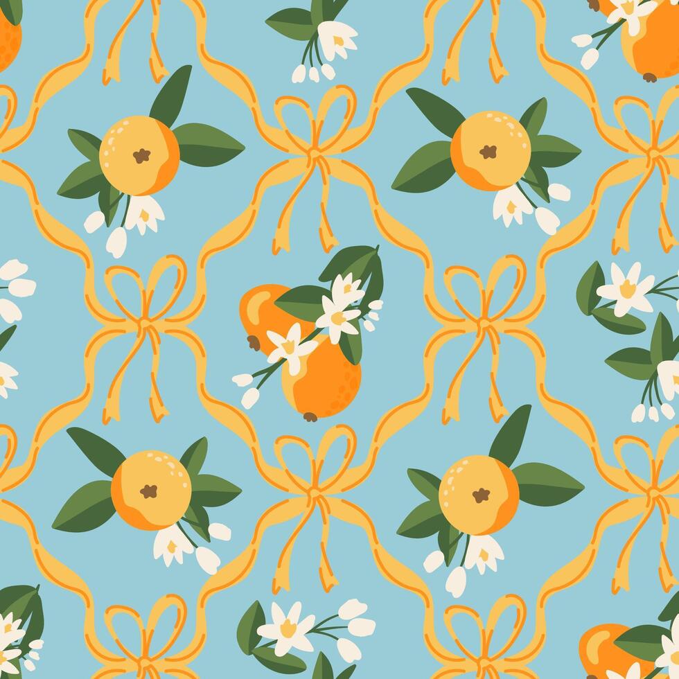 Summer tropical pattern oranges, preppy coquette bow. citrus exotic fruits background vector