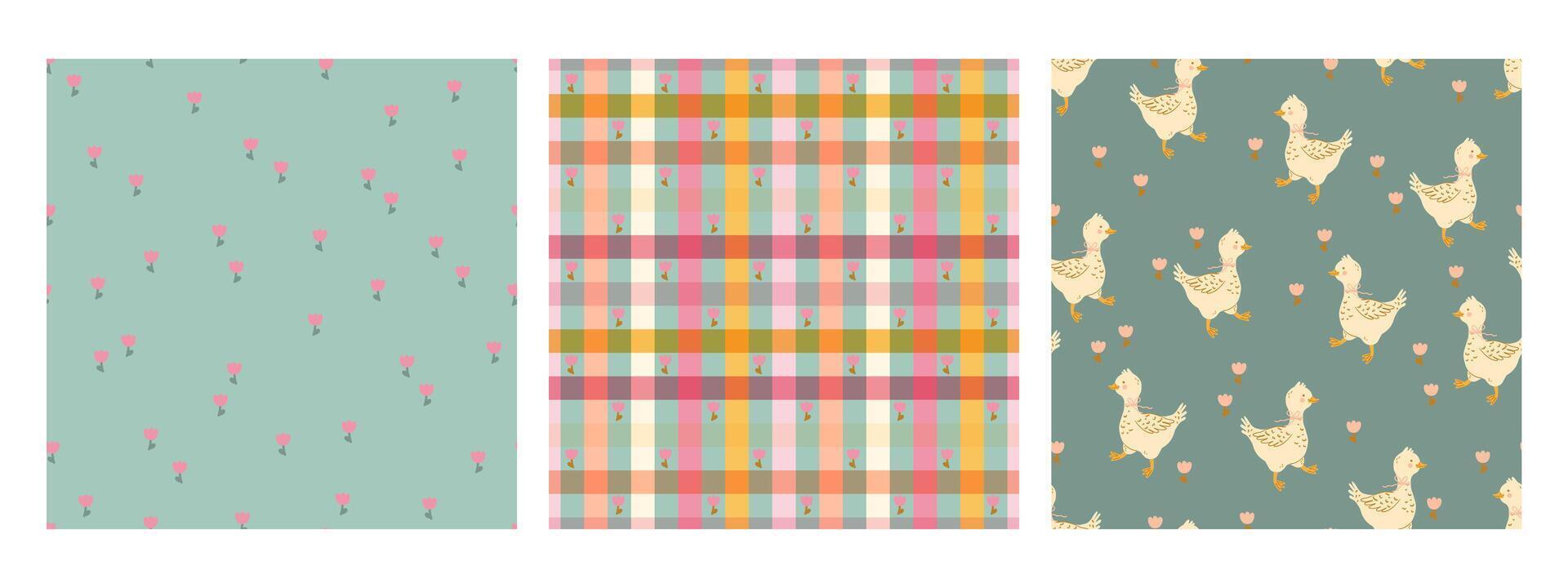 pattern set goose or duck, spring flower tulip, checkered background, nursery, fabric, birthday vector