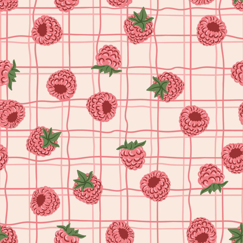 Raspberry line checkered seamless pattern for wrapping, fabric. berries tablecloth texture vector