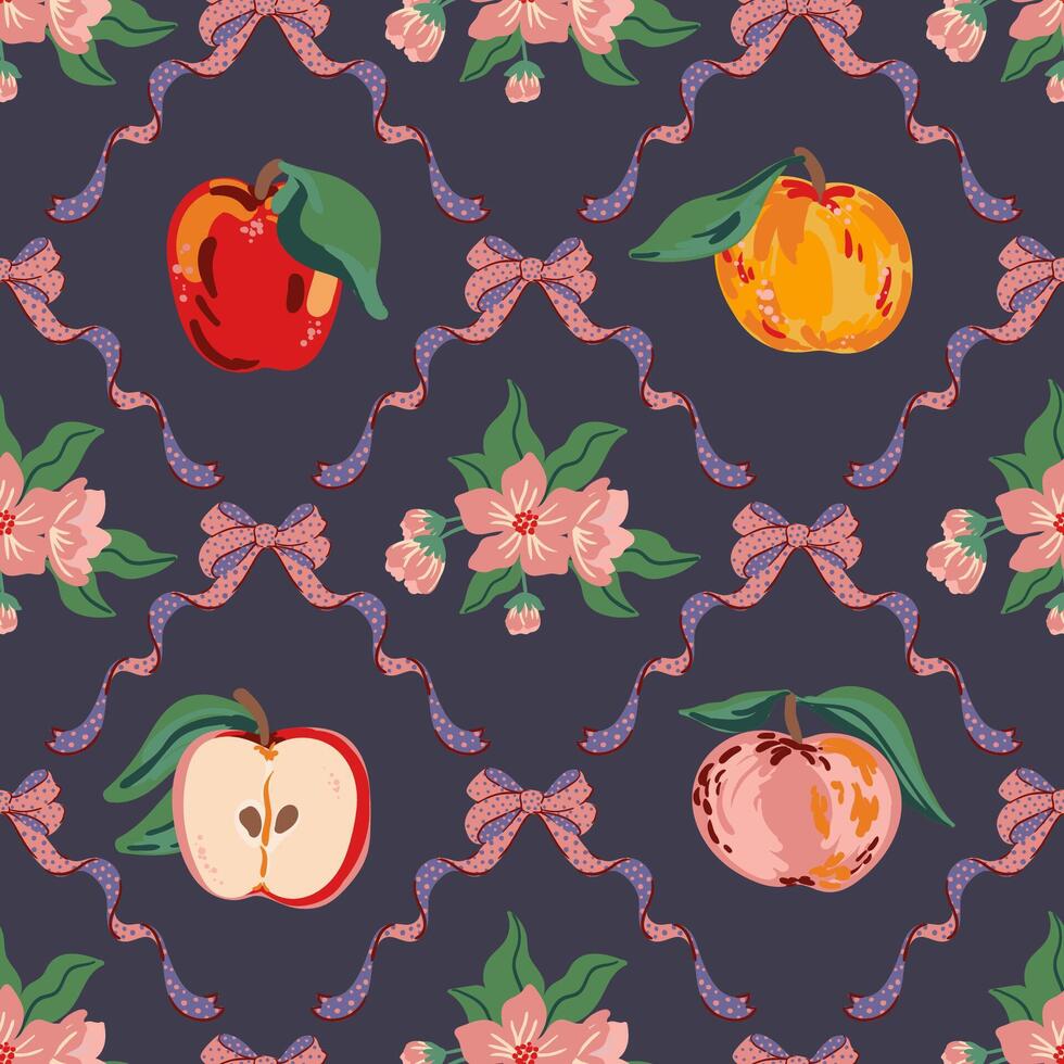 coquette trellis bow, apples seamless pattern. Coquette preppy bows texture for tablecloth vector