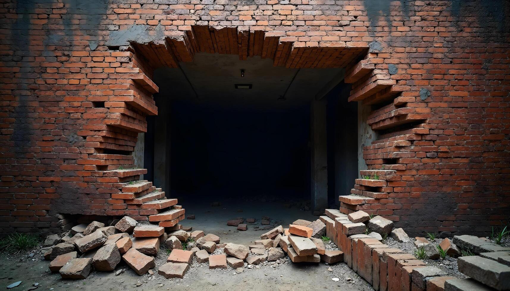 Crumbling Ancient Brick Wall with Large Jagged Cracks photo