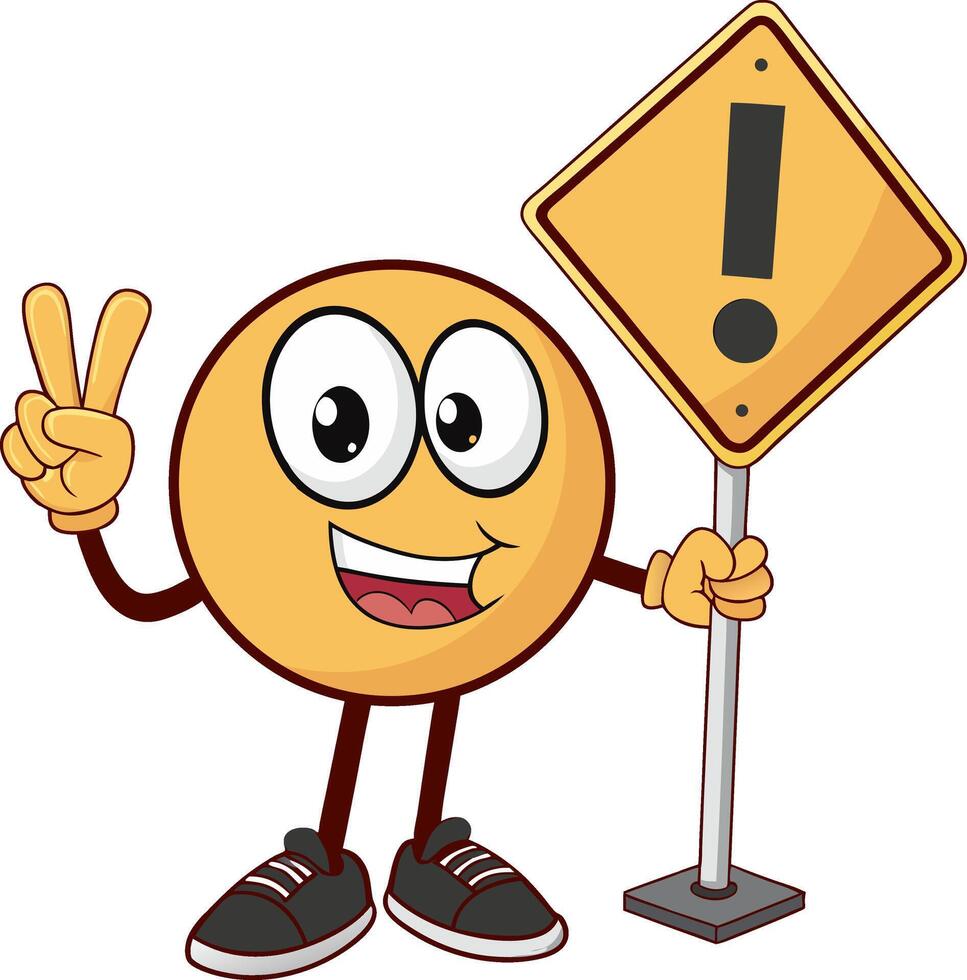 Smiling cartoon emoji character holding an exclamation warning sign and flashing a peace sign, symbolizing alertness with positivity vector