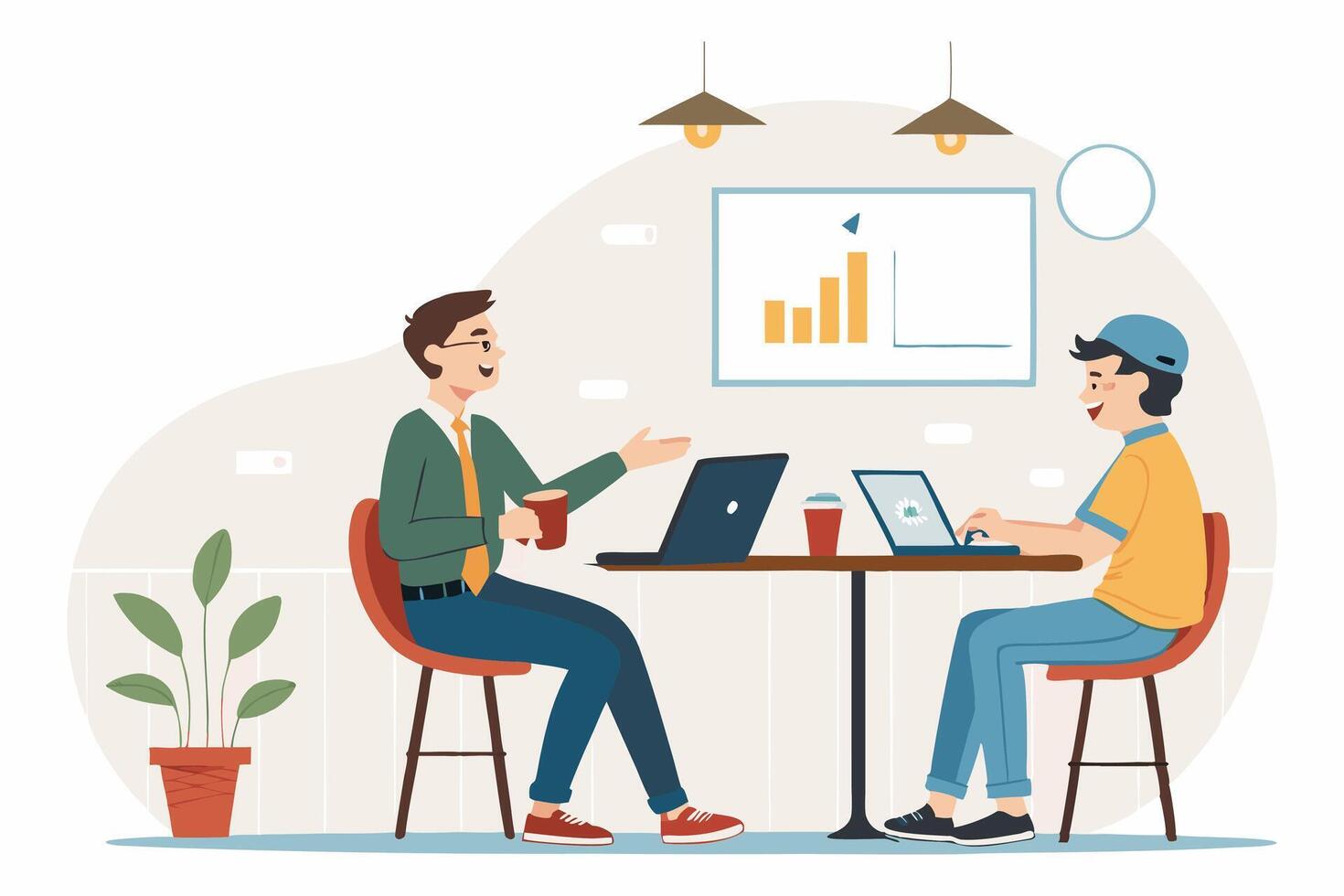 Two people sitting at a table with laptops vector