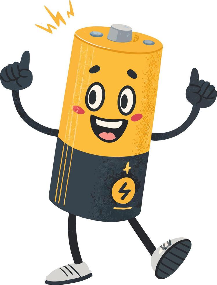 Cheerful cartoon battery mascot with arms and legs giving thumbs up, representing energy, power, or positivity in a fun style vector
