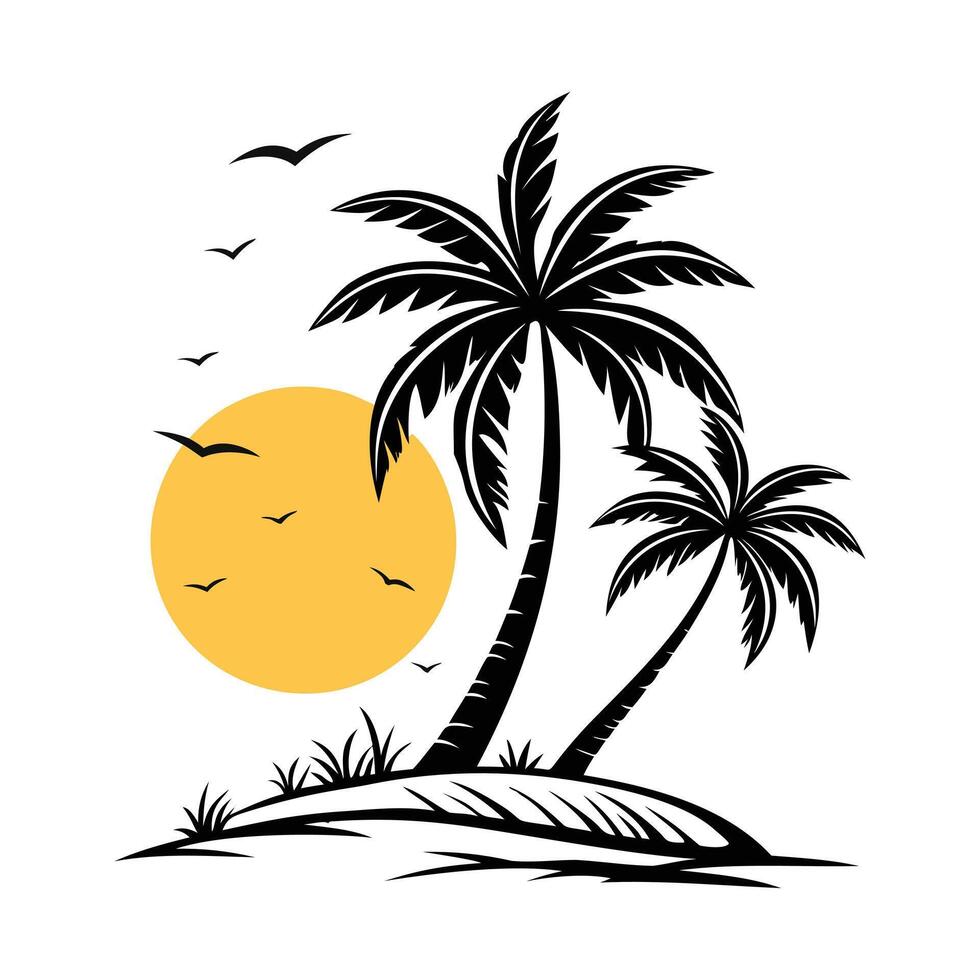 tropical island palm trees and sunset illustration vector