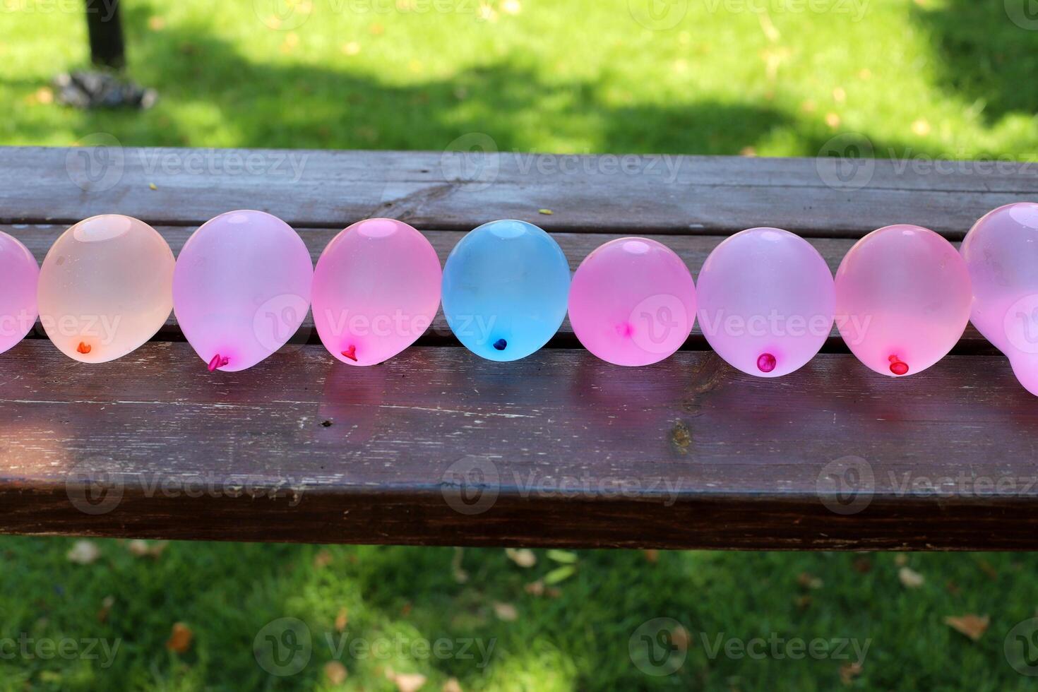 Multicolored transparent balloons in the city park. Decoration for children's games in the park. photo