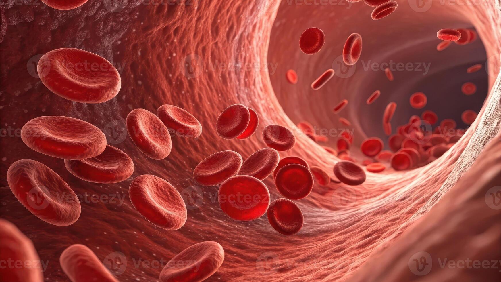 A detailed view of red blood cells flowing through a blood vessel, showcasing the intricate inner structure of the circulatory system. photo