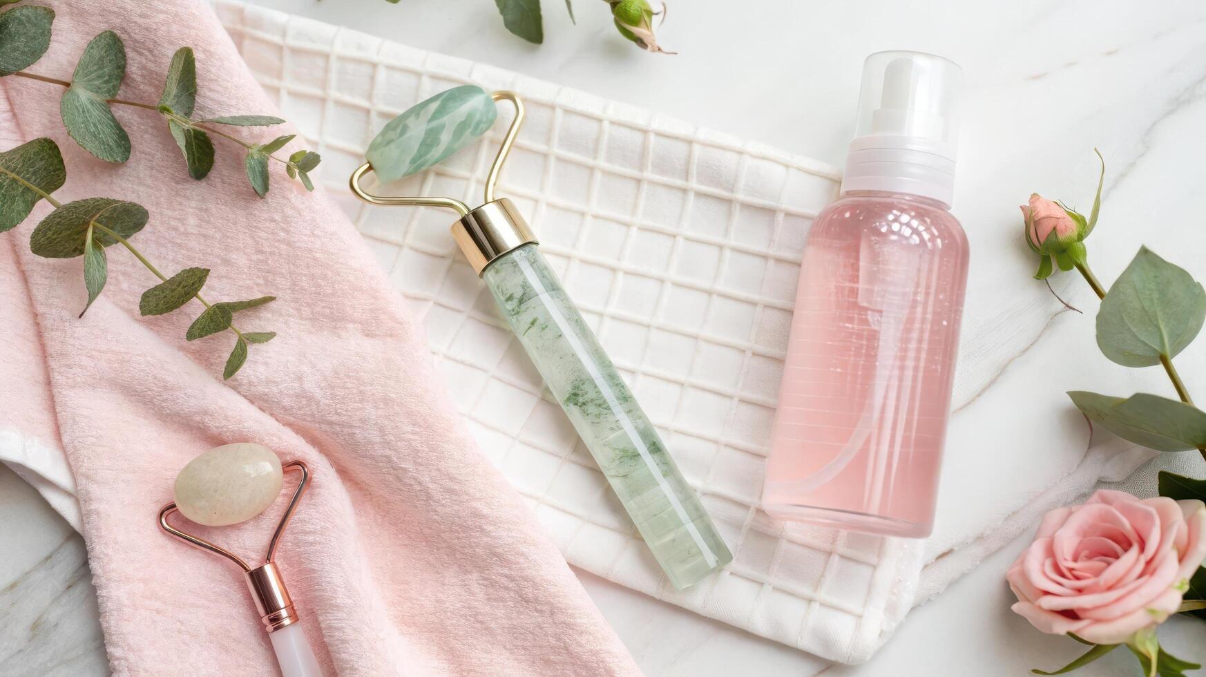 A serene flat lay of skincare tools, featuring jade rollers, a mist spray, soft towels, and delicate flowers, perfect for a refreshing beauty routine. photo