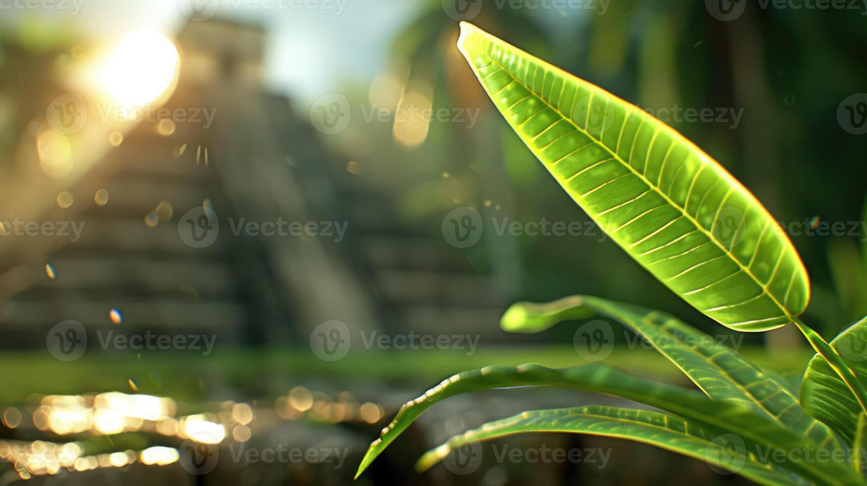A close up of a green leaf with a Mayan pyramid in the background during early morning light photo