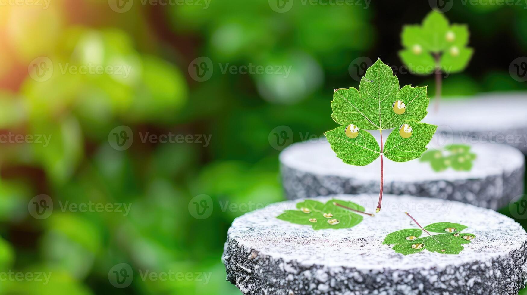 Green maple leaves with dew on stone surfaces in a serene garden during daytime photo