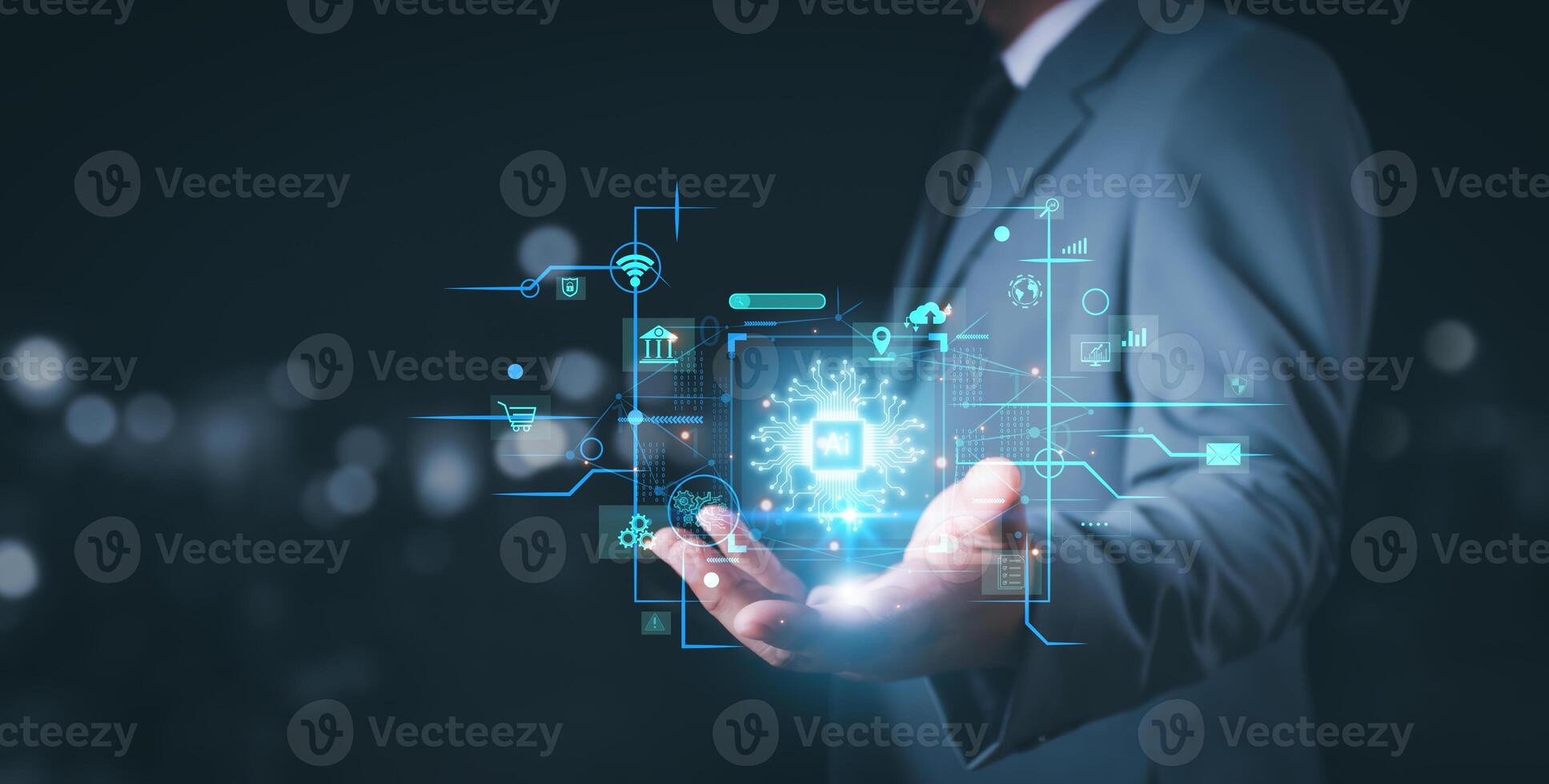 Ai technology, Artificial Intelligence. man using technology smart robot AI, artificial intelligence by enter command prompt for generates something, Futuristic technology transformation Chat with Ai. photo