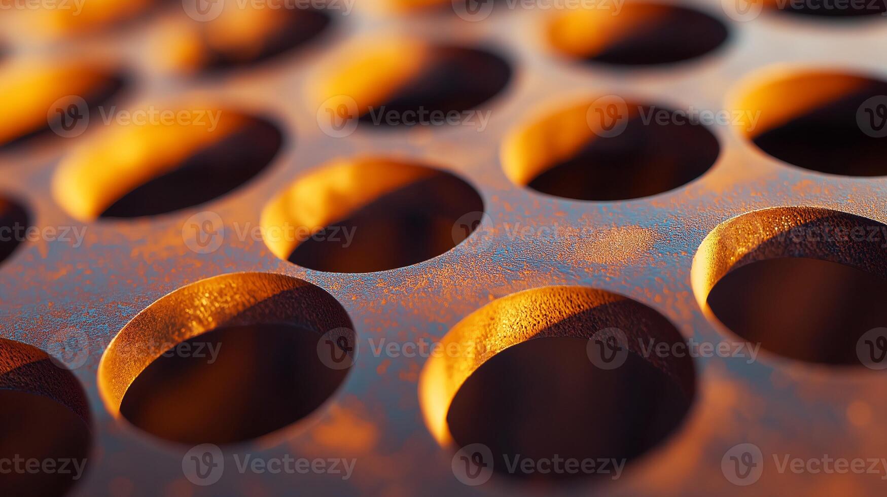 Close up of a metal surface with many holes. The holes are of various sizes and are scattered throughout the surface photo