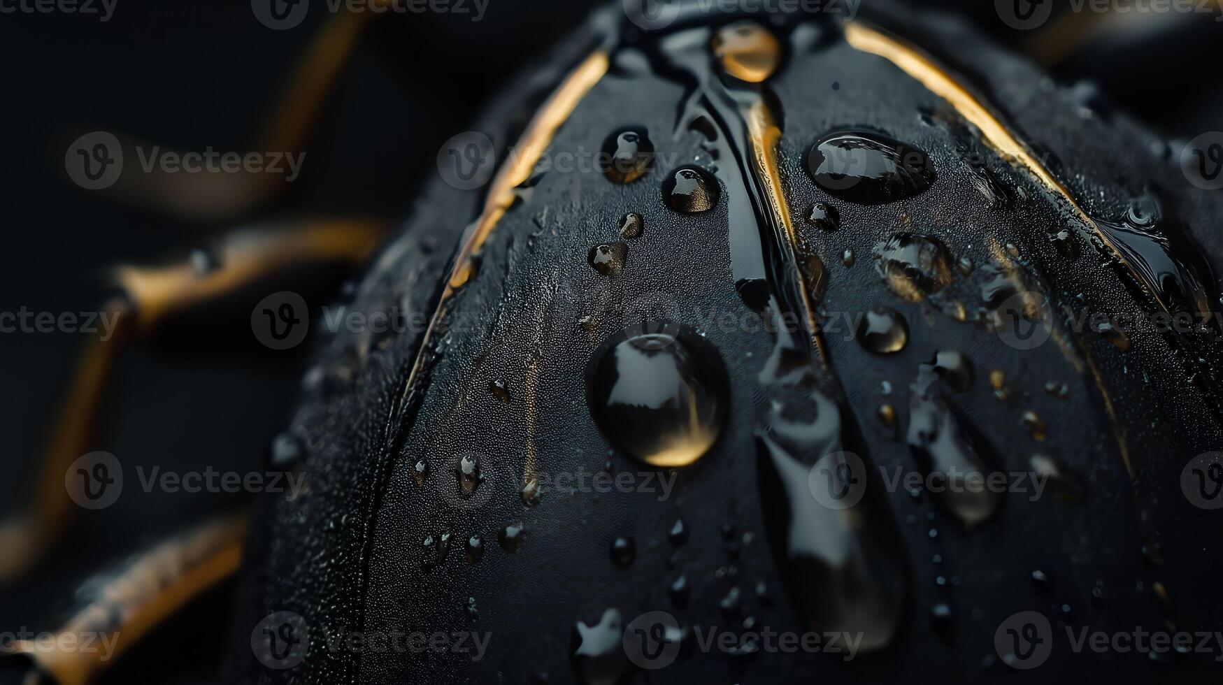 Shiny black and gold spider is sitting on a dark background. The spider is surrounded by water droplets, giving it a wet and shiny appearance photo