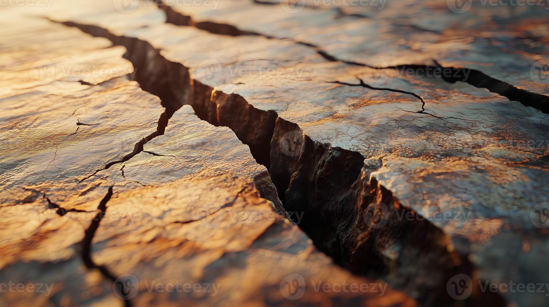 Large crack in the ground with a lot of debris and rocks. The crack is deep and wide, and the surrounding area is rocky and barren. Concept of destruction and chaos photo