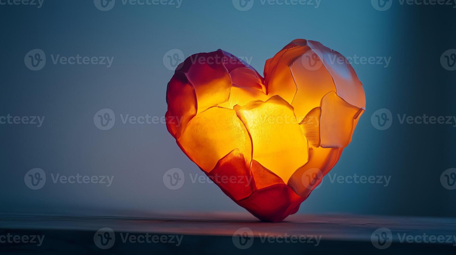 Heart made of glass is lit up. It is on a table. The heart is broken in half photo