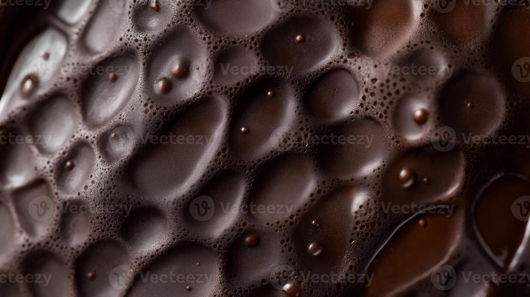 Close up of a chocolate surface with many small bubbles. The bubbles are in various sizes and are scattered throughout the surface photo
