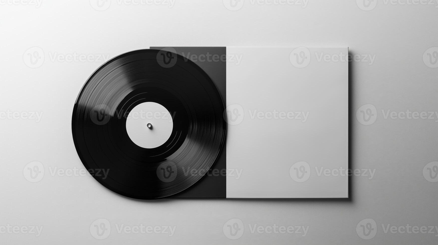 A vinyl record lies on a simple surface next to a plain white cover, highlighting the contrast between music and visual art. Perfect for music enthusiasts. photo