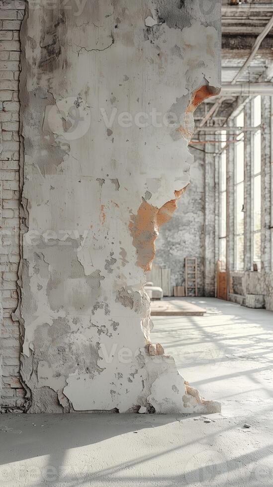 Wall with a hole in it. The wall is white and has a brick texture. There is a window in the room photo