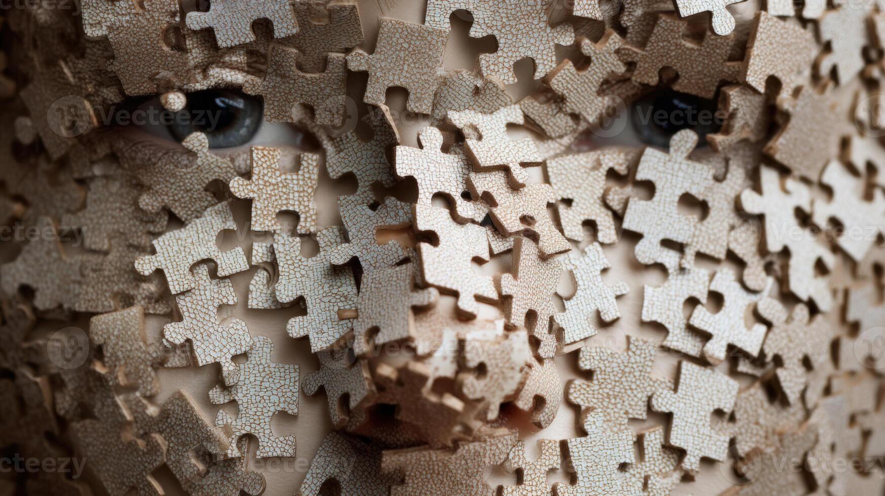 A striking art installation captures attention with a face obscured by numerous tan jigsaw puzzle pieces, blending human features and abstract elements. The artwork evokes emotion and contemplation. photo