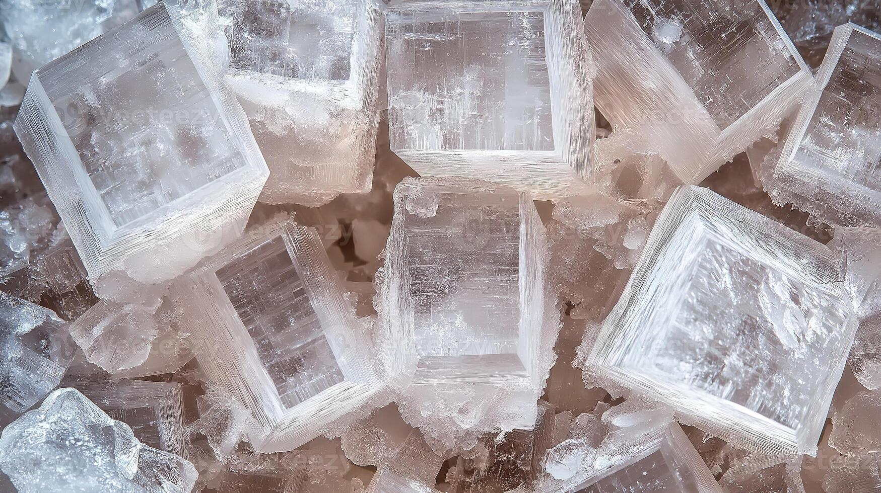 Close up of salt crystals. The salt crystals are white and are arranged in a pattern. The image has a calm and serene mood photo